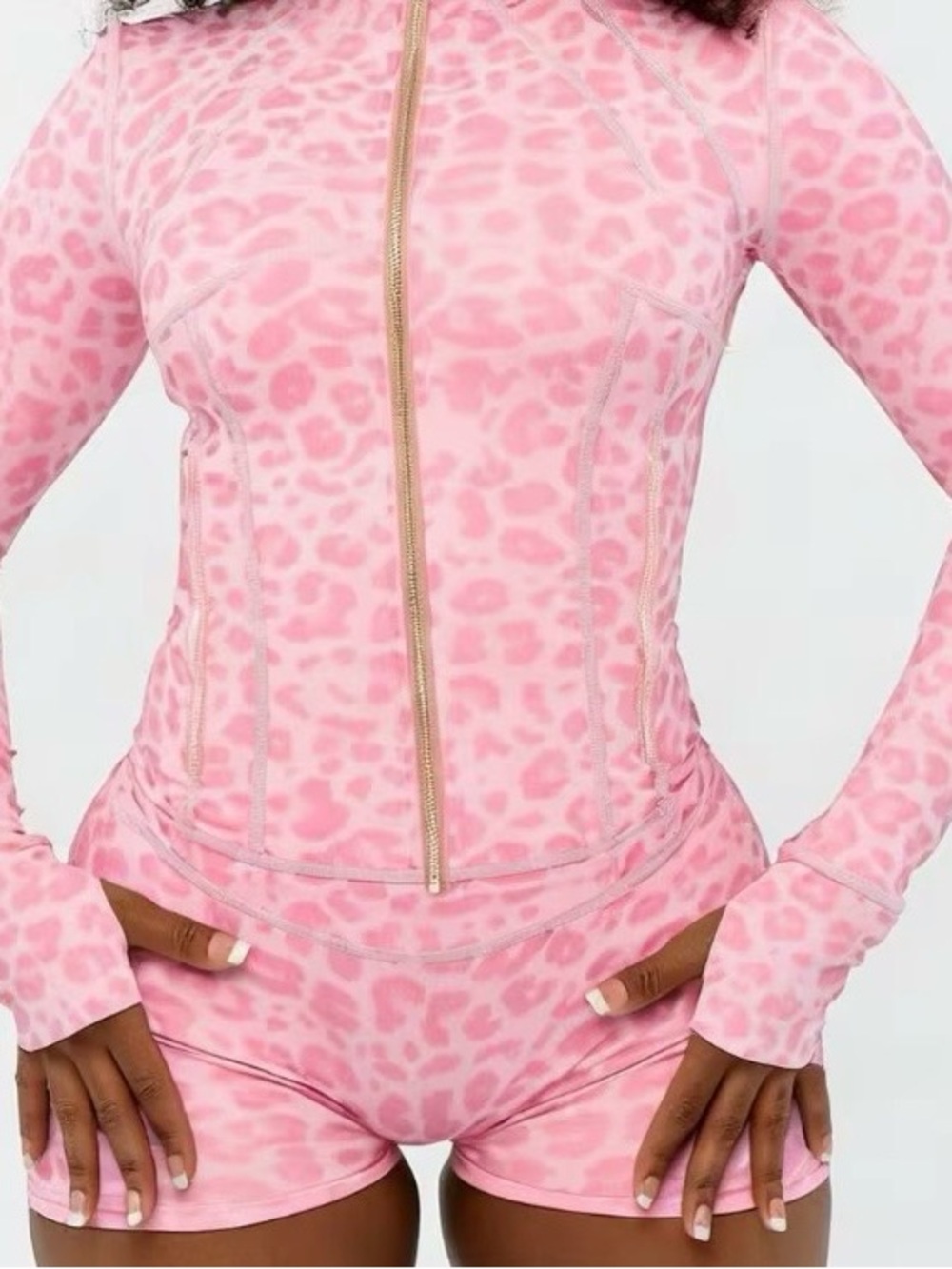 Pink Leopard Print Zip-Up Active Jacket and Shorts Set